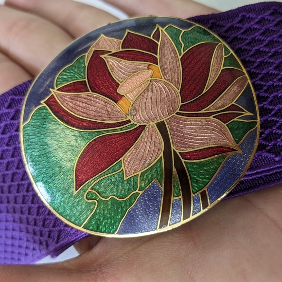 VTG LRG CLOISONNE BUCKLE BRIGHT PURPLE STRETCH BELT - Picture 2 of 15
